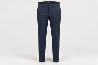 Formal Trousers — Men's navy full-length tapered office trousers, flat front, belt loops and slash pockets. product front. Illustrative catalogue concept.