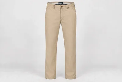 Formal Trousers — Men's sand cotton-twill business-casual chinos, flat front, belt loops, straight fit. product front. Illustrative catalogue concept.