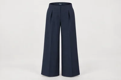 Formal Trousers — Women's navy full-length tailored wide-leg trousers, one pleat each side, smooth waistband. product front. Illustrative catalogue concept.