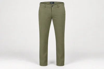 Formal Trousers — Men's muted olive-green slim-straight chinos, flat front and belt loops. product front. Illustrative catalogue concept.