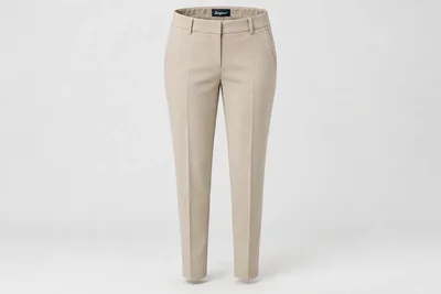Formal Trousers — Women's stone-beige tailored tapered trousers, front creases and clean waistband. product front. Illustrative catalogue concept.
