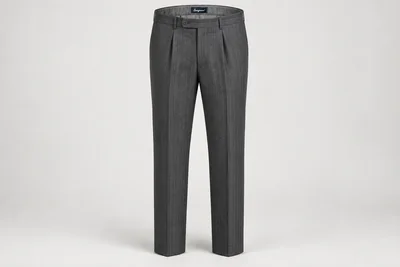 Formal Trousers — Men's graphite formal trousers with subtle fine grey pinstripe, single pleat and sharp creases. product front. Illustrative catalogue concept.