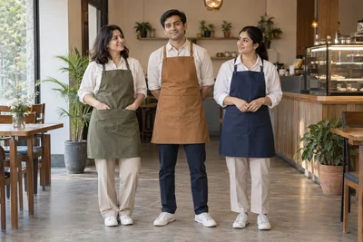 Catalogue design concept: Café Character. Bib aprons in olive, caramel and navy. North Indian models in an Indian setting.