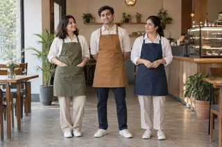 Café Character. Bib aprons in olive, caramel and navy. — collection preview