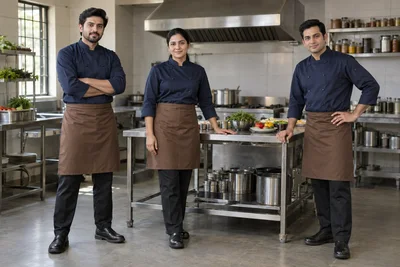 Catalogue design concept: A Contemporary Chef Uniform. Navy chef coats and rich brown aprons. North Indian models in an Indian setting.
