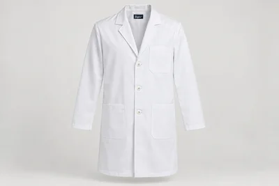 Lab Coats — Men’s white knee-length lab coat, notch lapels, three white four-hole buttons, breast pocket and two hip patch pockets. product front. Illustrative catalogue concept.