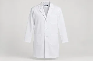 Lab Coats — Men’s white knee-length lab coat, notch lapels, three white four-hole buttons, breast pocket and two hip patch pockets. product front. Illustrative catalogue concept.