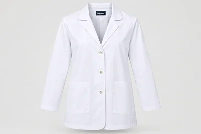 Lab Coats — Unisex white hip-length lab coat, notched collar, three buttons, two square lower patch pockets. product front. Illustrative catalogue concept.