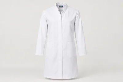 Lab Coats — Unisex white knee-length lab coat with low mandarin collar, concealed snap placket and two hip pockets. product front. Illustrative catalogue concept.