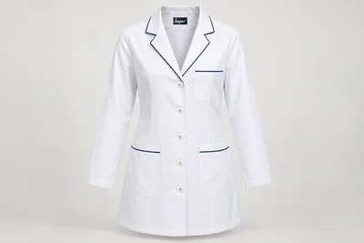 Lab Coats — Women’s white below-hip lab coat, slim navy piping on lapels and pocket edges, white buttons. product front. Illustrative catalogue concept.