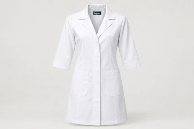 Lab Coats — Women’s white knee-length lab coat with three-quarter sleeves, notch collar and neat covered placket. product front. Illustrative catalogue concept.