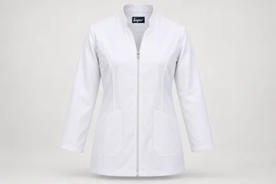 Lab Coats — Unisex white hip-length lab coat with low stand collar, front zip and two angled patch pockets. product front. Illustrative catalogue concept.