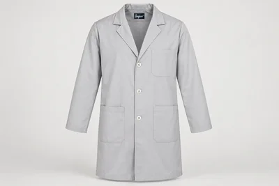 Lab Coats — Men’s pale-grey knee-length lab coat with notch lapels, three tonal buttons and three patch pockets. product front. Illustrative catalogue concept.