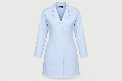 Lab Coats — Women’s very pale blue knee-length lab coat, tailored waist, notch collar, white buttons and two hip pockets. product front. Illustrative catalogue concept.