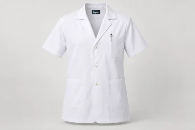 Lab Coats — Unisex white hip-length short-sleeve lab coat, revere collar, three buttons, breast pen pocket and hip pockets. product front. Illustrative catalogue concept.