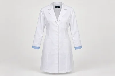 Lab Coats — Women’s white knee-length lab coat, long sleeves with subtle ceil-blue inner cuff trim, notch lapels and concealed snaps. product front. Illustrative catalogue concept.