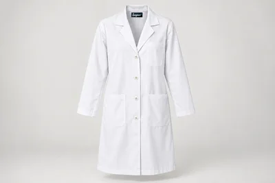 Lab Coats — Unisex white generously proportioned knee-length lab coat, broad notch collar, full sleeves and oversized practical hip pockets. product front. Illustrative catalogue concept.