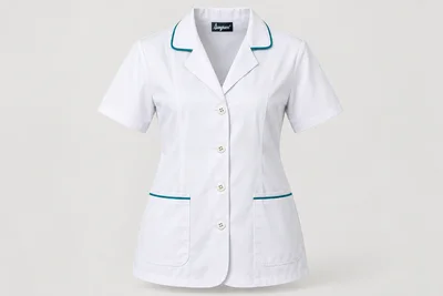 Lab Coats — Women’s white hip-length consultation coat, short sleeves, restrained teal neckline and pocket piping, white four-hole buttons. product front. Illustrative catalogue concept.