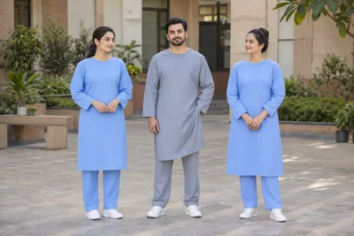 Catalogue design concept: Patient-wear Tunic Sets. Modest blue and grey patient-wear tunics with matching trousers. North Indian models in an Indian setting.