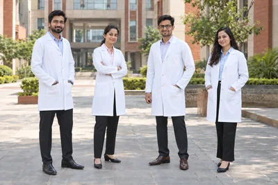 Catalogue design concept: Ready for the Next Chapter. White lab coats for medical colleges and clinical teams. North Indian models in an Indian setting.