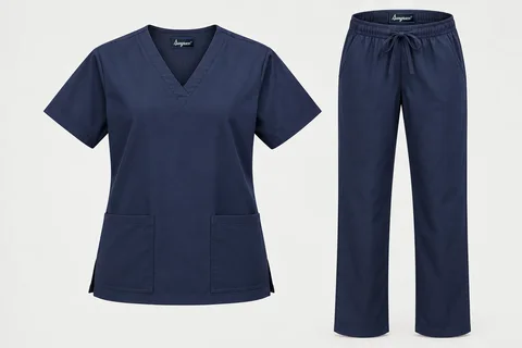 Scrub Sets — Unisex navy short-sleeve V-neck scrub top with two lower patch pockets and matching straight-leg drawstring trousers. product front. Illustrative catalogue concept.