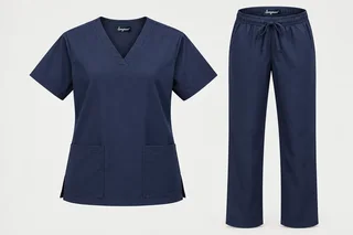 Scrub Sets — Unisex navy short-sleeve V-neck scrub top with two lower patch pockets and matching straight-leg drawstring trousers. product front. Illustrative catalogue concept.