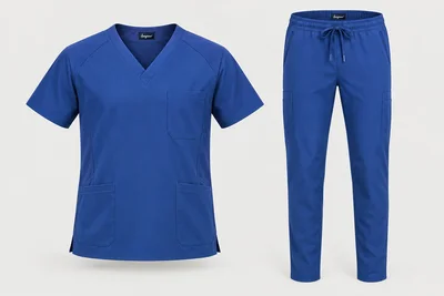 Scrub Sets — Men’s royal-blue raglan short-sleeve V-neck scrub top with side panels and matching tapered drawstring trousers. product front. Illustrative catalogue concept.