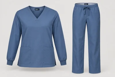 Scrub Sets — Unisex steel-blue full-sleeve V-neck scrub top with neat knit cuffs, two lower pockets and straight trousers. product front. Illustrative catalogue concept.