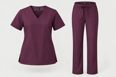 Scrub Sets — Women’s deep-plum relaxed longline short-sleeve V-neck top, side vents and two deep patch pockets, matching straight trousers. product front. Illustrative catalogue concept.
