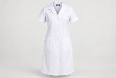 Nursing Dresses — Women’s white below-knee short-sleeve nursing dress, revere collar, button front and two lower patch pockets. product front. Illustrative catalogue concept.