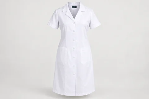 Nursing Dresses — Women’s white below-knee short-sleeve nursing dress, revere collar, button front and two lower patch pockets. product front. Illustrative catalogue concept.