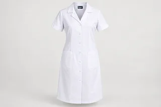 Nursing Dresses — Women’s white below-knee short-sleeve nursing dress, revere collar, button front and two lower patch pockets. product front. Illustrative catalogue concept.