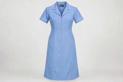Nursing Dresses — Women’s ceil-blue below-knee short-sleeve nursing dress, revere collar with white piping, concealed front zip and hip pockets. product front. Illustrative catalogue concept.