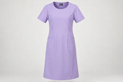 Nursing Dresses — Women’s lilac below-knee short-sleeve nursing dress, round neck and two lower pockets. product front. Illustrative catalogue concept.
