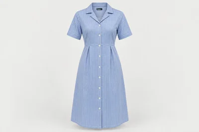 Nursing Dresses — Women’s fine blue-white striped below-knee nursing shirt dress, short sleeves, revere collar and button placket. product front. Illustrative catalogue concept.