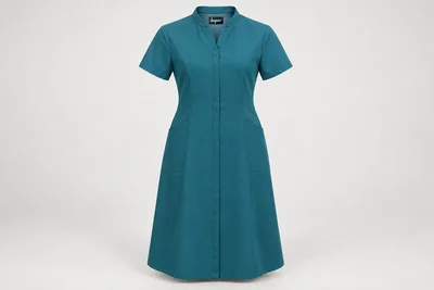 Nursing Dresses — Women’s teal below-knee short-sleeve nursing dress with low mandarin collar and concealed front snaps. product front. Illustrative catalogue concept.