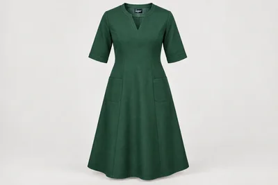 Nursing Dresses — Women’s forest-green below-knee A-line nursing dress, elbow sleeves, V-notch neckline and two hip pockets. product front. Illustrative catalogue concept.