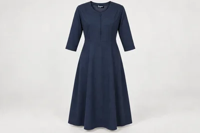 Nursing Dresses — Women’s navy calf-length nursing dress with three-quarter sleeves, modest round neckline and concealed front zip. product front. Illustrative catalogue concept.