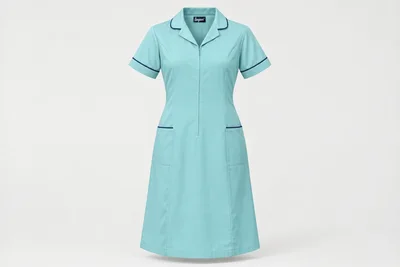 Nursing Dresses — Women’s aqua below-knee short-sleeve nursing dress, navy piping, small revere collar and concealed front zip. product front. Illustrative catalogue concept.