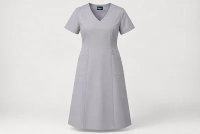 Nursing Dresses — Women’s pale-grey below-knee nursing dress, short sleeves, princess seams and hip pockets. product front. Illustrative catalogue concept.