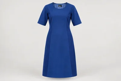 Nursing Dresses — Women’s royal-blue below-knee nursing dress, elbow sleeves, round neck and subtle tonal side panels. product front. Illustrative catalogue concept.
