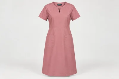 Nursing Dresses — Women’s dusty-rose below-knee short-sleeve nursing dress, round split neckline and practical lower patch pockets. product front. Illustrative catalogue concept.