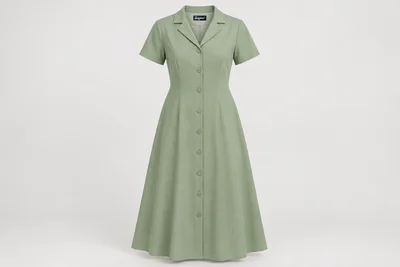 Nursing Dresses — Women’s sage-green calf-length A-line nursing dress, short sleeves, small revere collar and button front. product front. Illustrative catalogue concept.