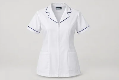 Nursing Tunics — Women’s white hip-length short-sleeve tunic, navy piping on revere collar and sleeve edges, concealed zip and two lower pockets. product front. Illustrative catalogue concept.