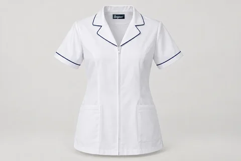 Nursing Tunics — Women’s white hip-length short-sleeve tunic, navy piping on revere collar and sleeve edges, concealed zip and two lower pockets. product front. Illustrative catalogue concept.