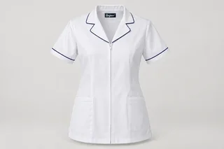 Nursing Tunics — Women’s white hip-length short-sleeve tunic, navy piping on revere collar and sleeve edges, concealed zip and two lower pockets. product front. Illustrative catalogue concept.