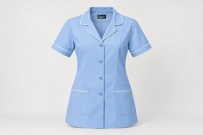 Nursing Tunics — Women’s ceil-blue short-sleeve tunic with revere collar, white piping and two lower patch pockets. product front. Illustrative catalogue concept.