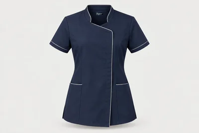 Nursing Tunics — Women’s navy short-sleeve tunic with offset concealed placket, modest stand collar and silver-grey piping. product front. Illustrative catalogue concept.