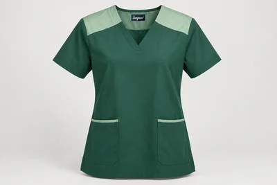 Nursing Tunics — Unisex green short-sleeve nursing tunic, pale-green shoulder yoke, V notch neckline and lower pockets. product front. Illustrative catalogue concept.