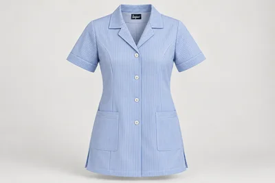 Nursing Tunics — Women’s fine blue-white stripe tunic, short sleeves, revere collar and two practical hip pockets. product front. Illustrative catalogue concept.